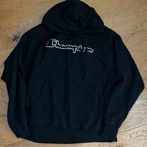 Champion Reverse Weave Hoodie Sweatshirt Script Logo Black Mens Large